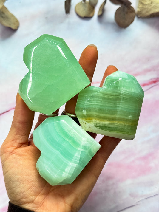 Pistachio Calcite Faceted Hearts