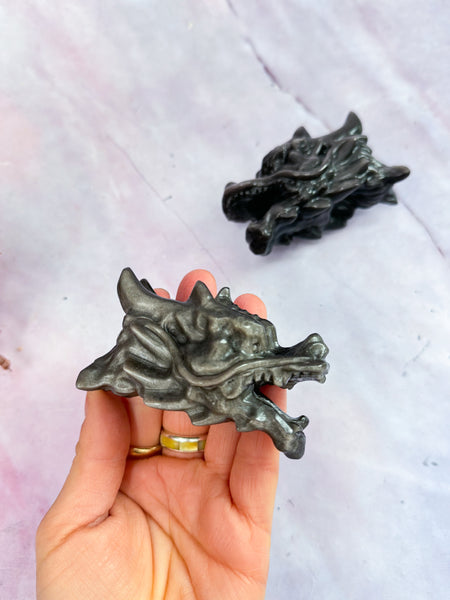 Silver Sheen Obsidian Dragon Heads