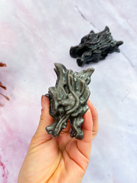 Silver Sheen Obsidian Dragon Heads