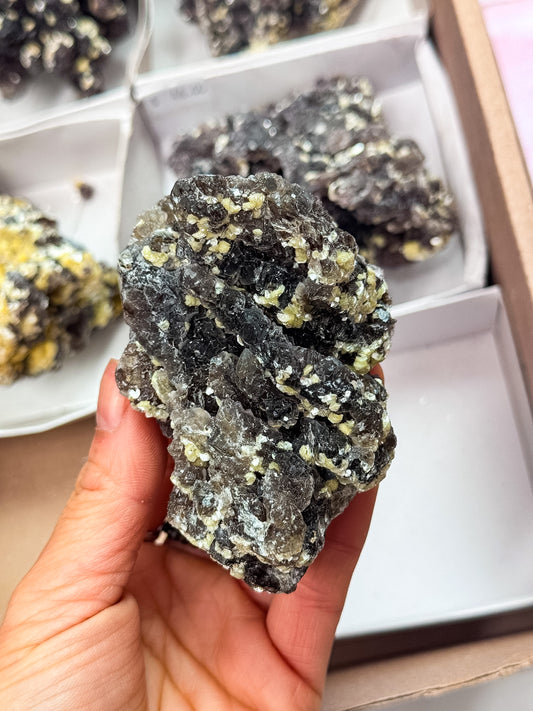 Rare Smokey Fluorite with Yellow Vermiculite Clusters