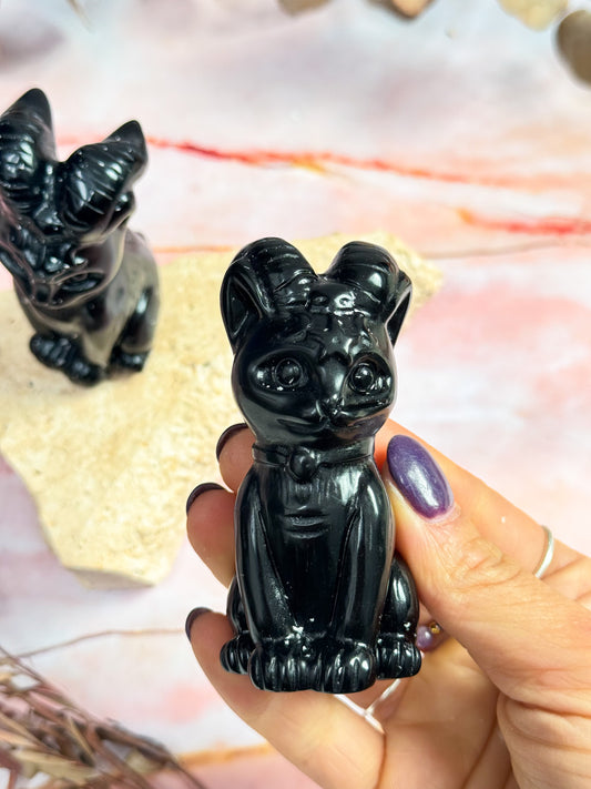 Obsidian Horned Cat Carvings