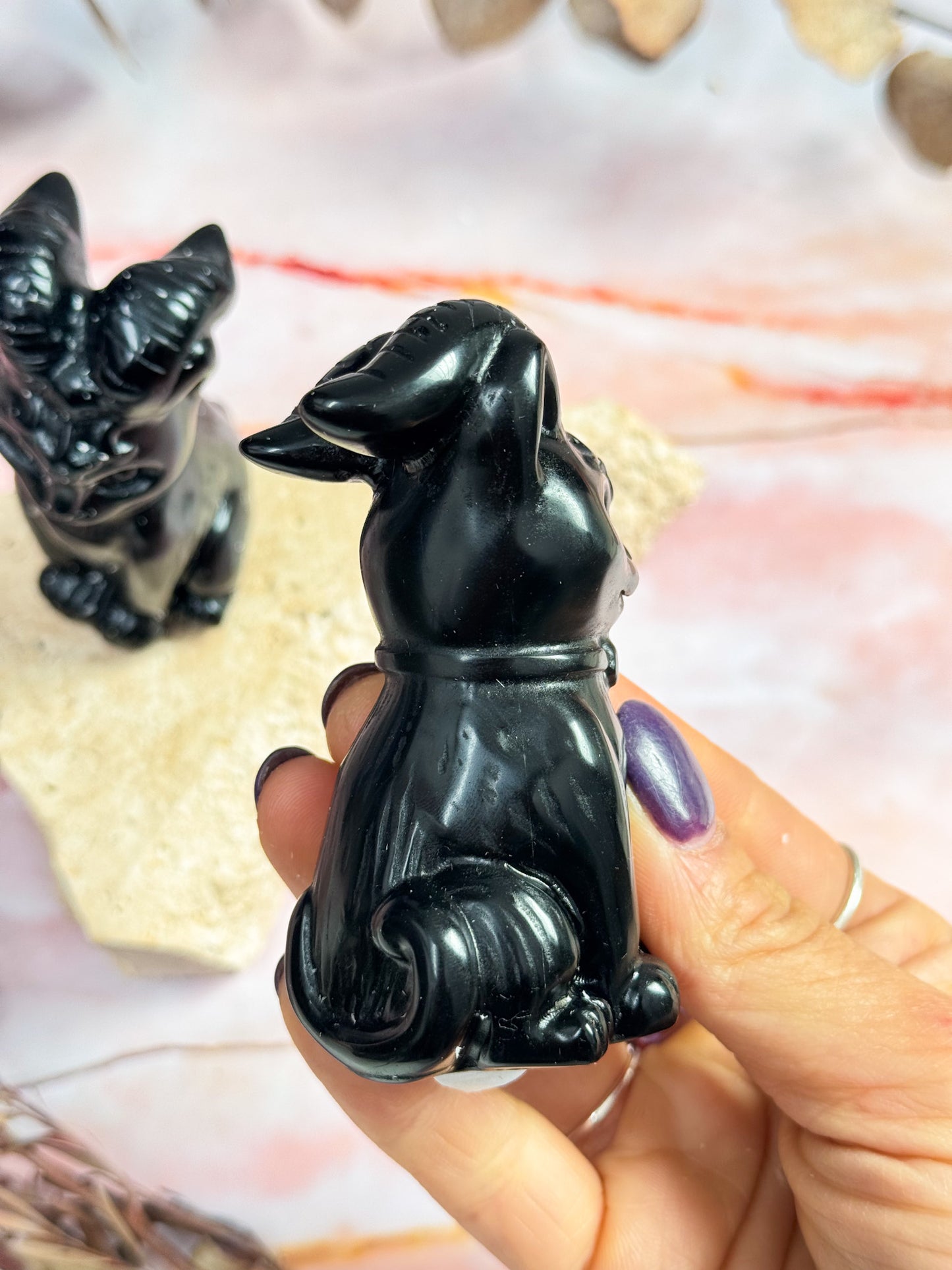 Obsidian Horned Cat Carvings