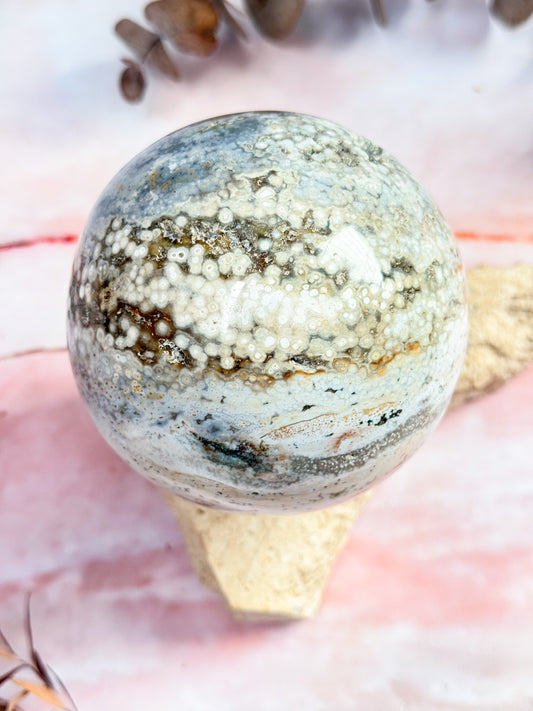 White Orbicular Ocean Jasper Sphere