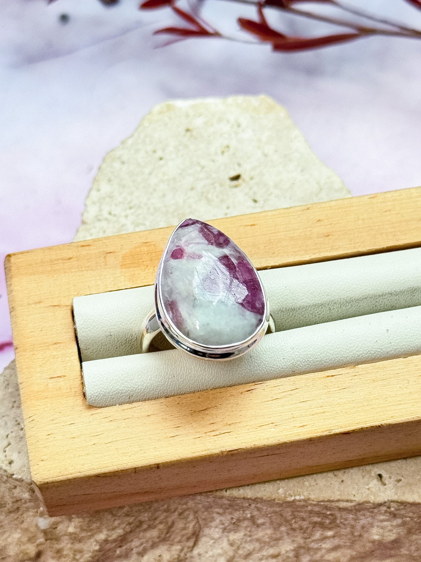 Pink Tourmaline in Quartz Ring - Size 8