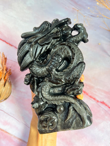 Silver Sheen Obsidian Dragon Carving