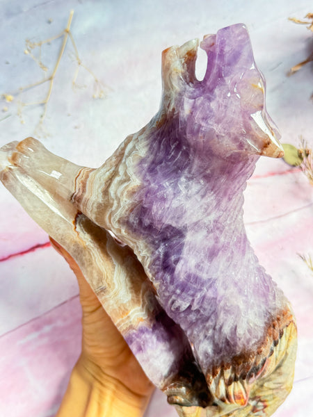 Amethyst and Crazy Lace Agate Wolf Carving