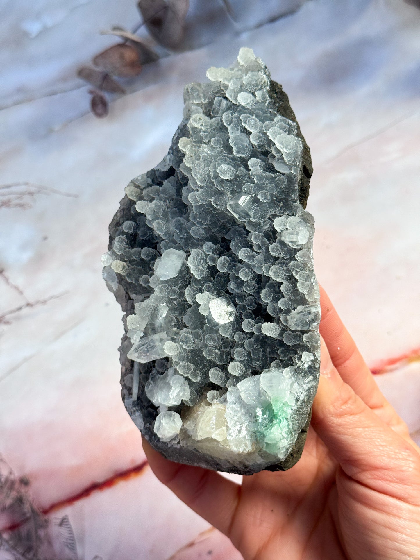 Apophyllite with Black Chalcedony Cluster