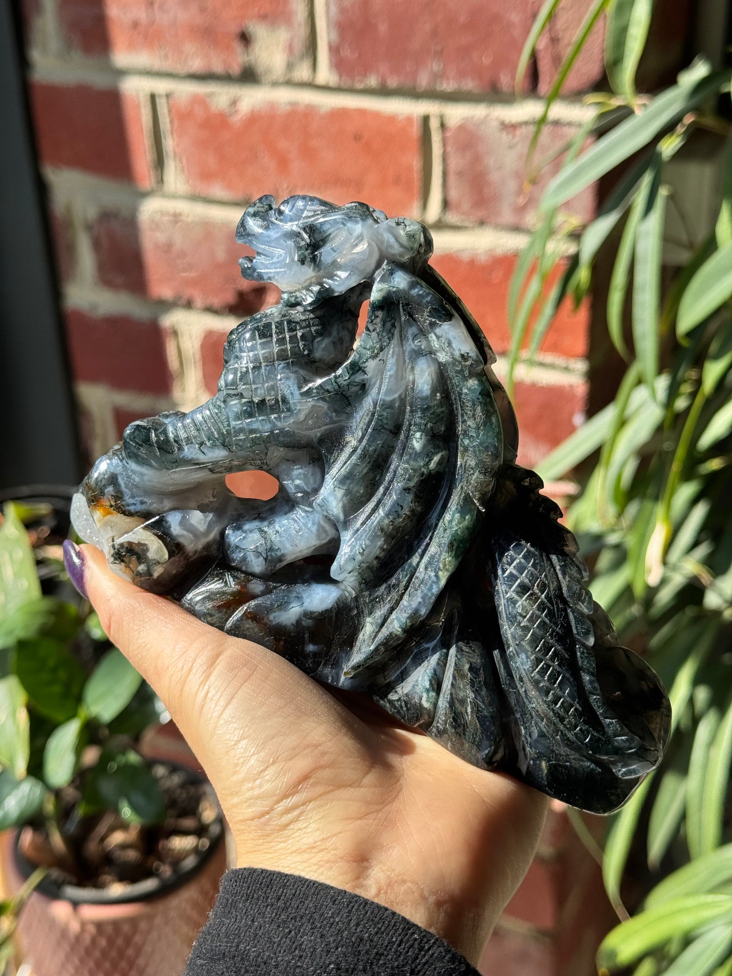 Moss Agate Dragon Carving