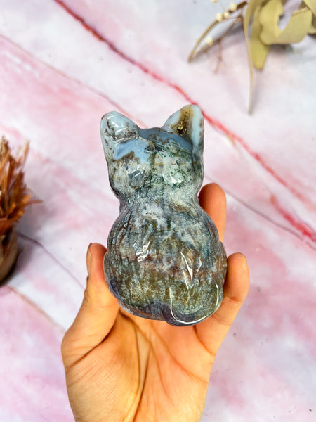 Moss Agate and Ocean Jasper Cat Carving