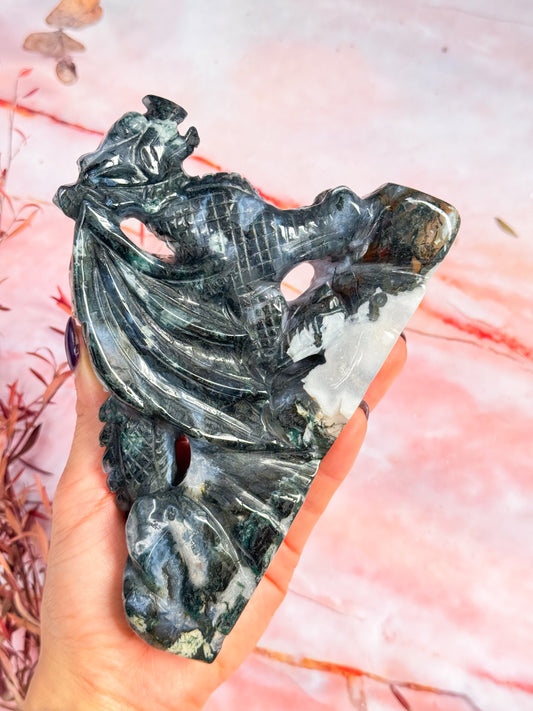 Moss Agate Dragon Carving