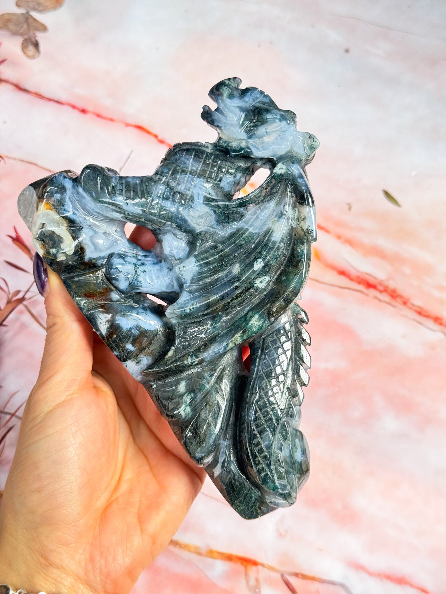 Moss Agate Dragon Carving