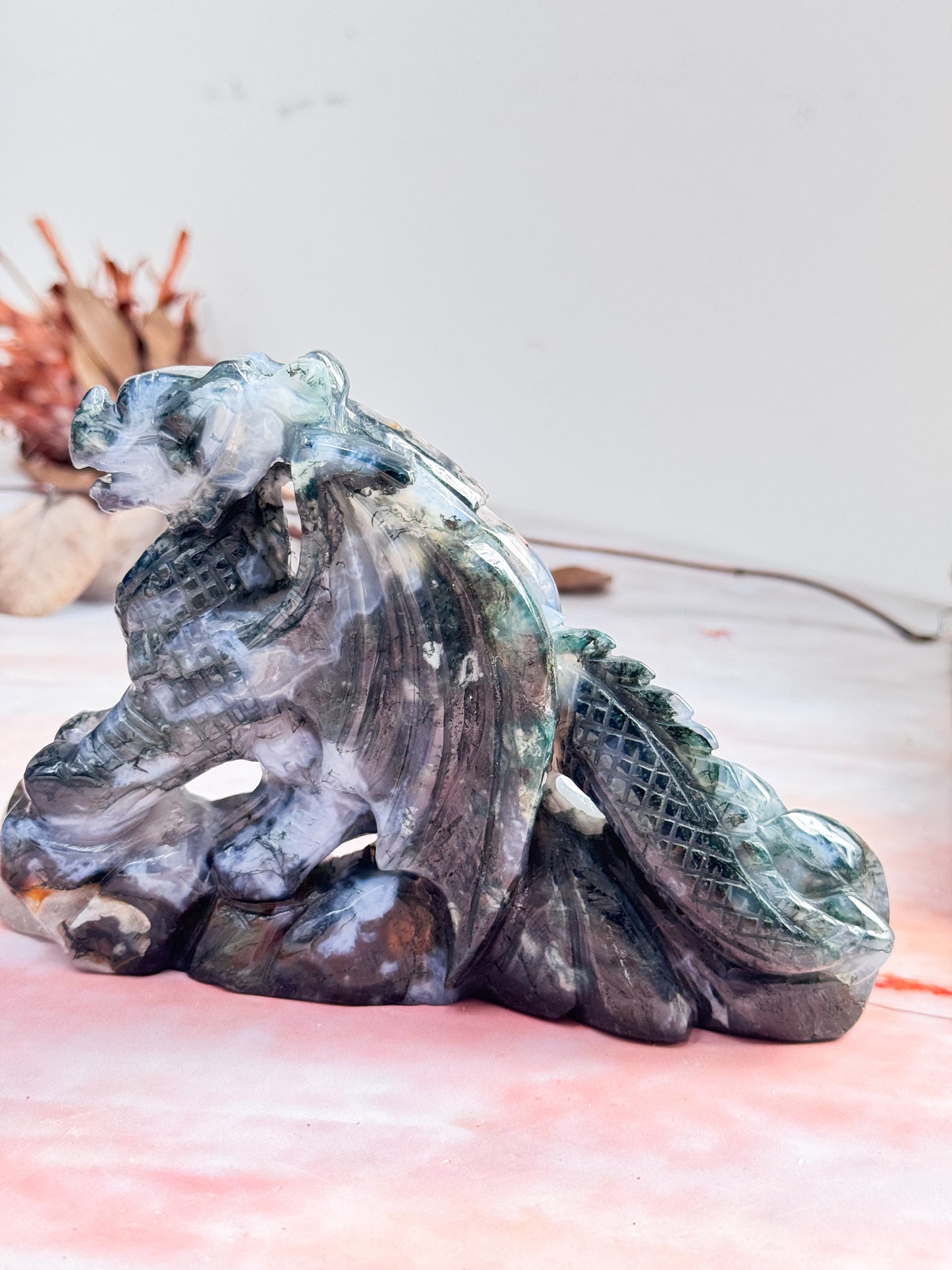 Moss Agate Dragon Carving