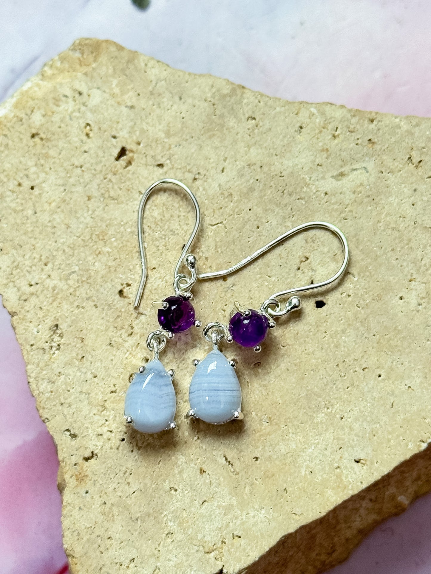 Blue Lace Agate and Amethyst Earrings