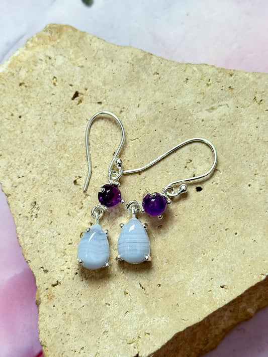 Blue Lace Agate and Amethyst Earrings