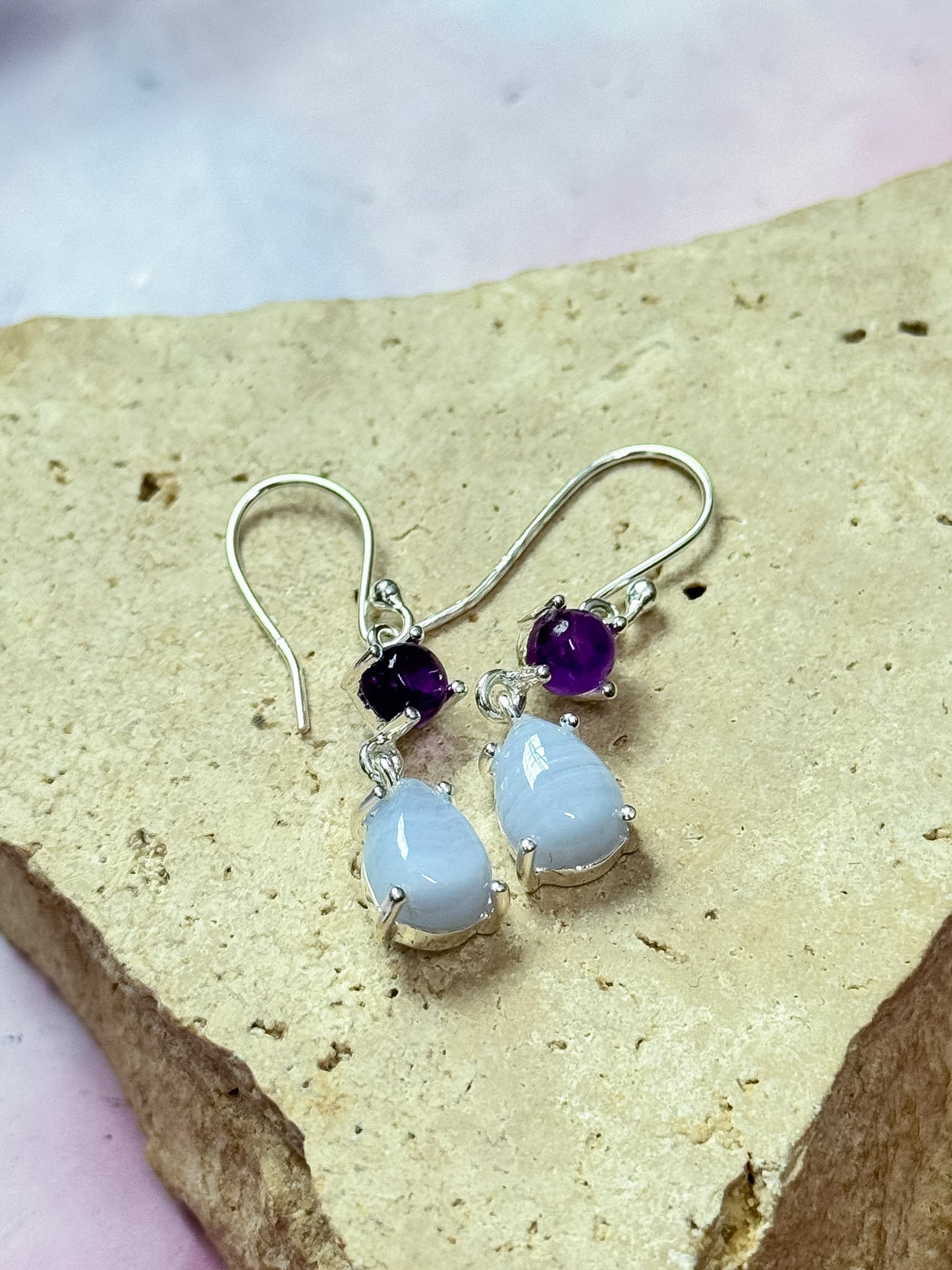 Blue Lace Agate and Amethyst Earrings