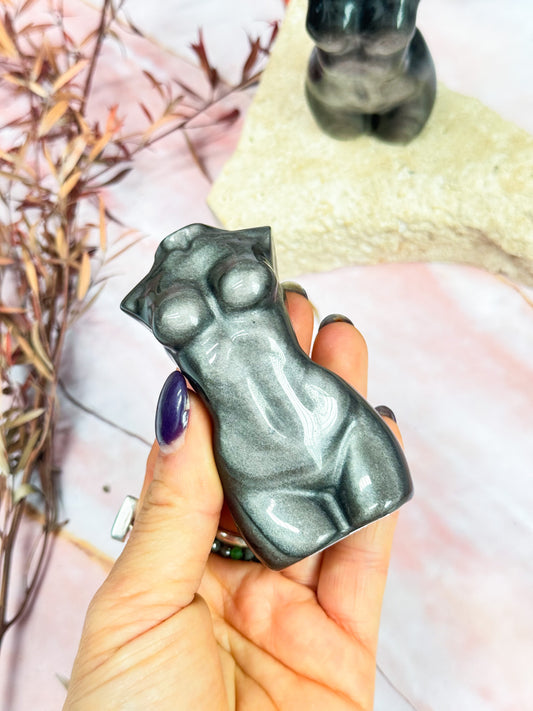 Silver Sheen Obsidian Goddess Carving