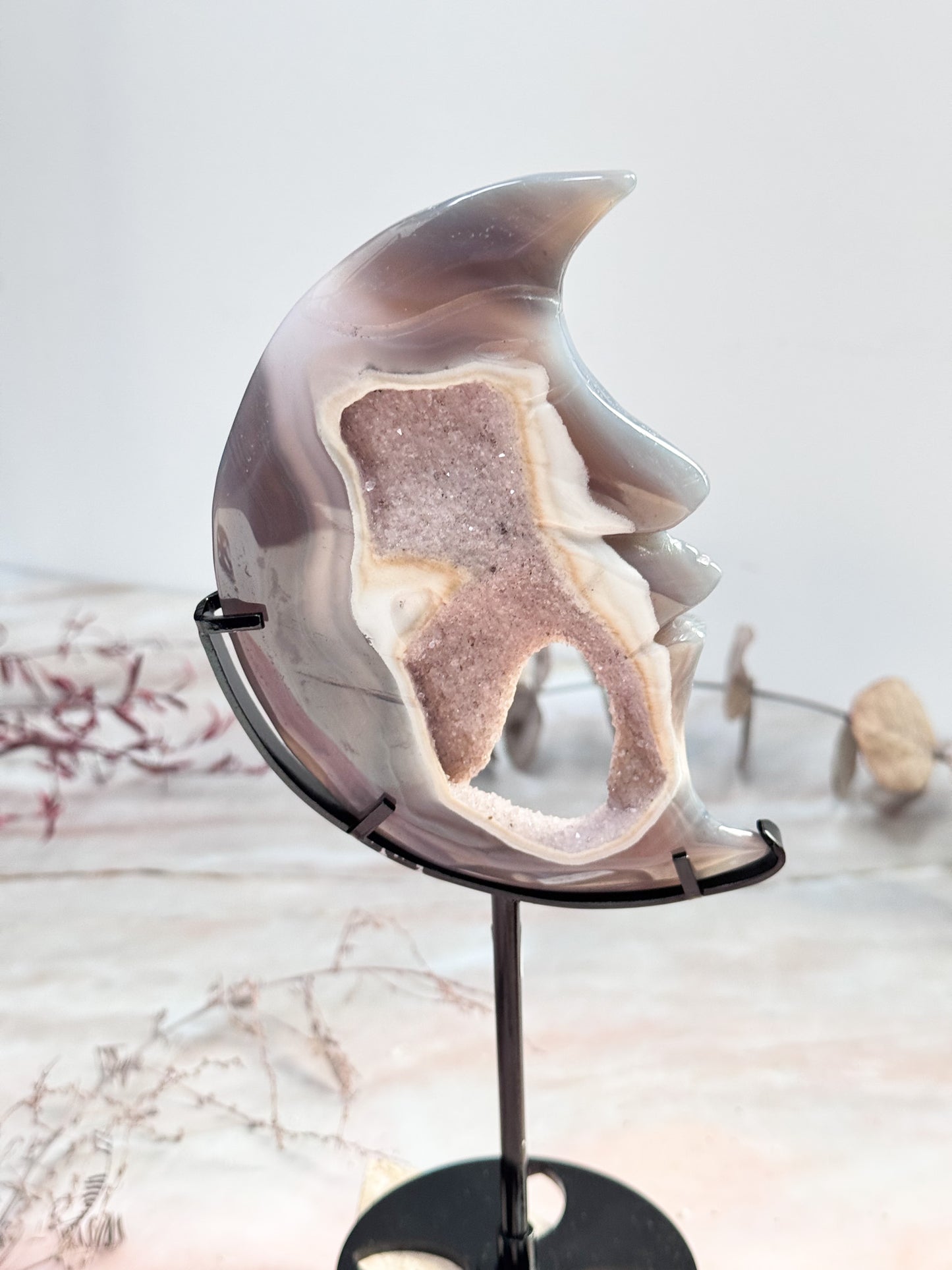 Agate and Quartz Moon Carving