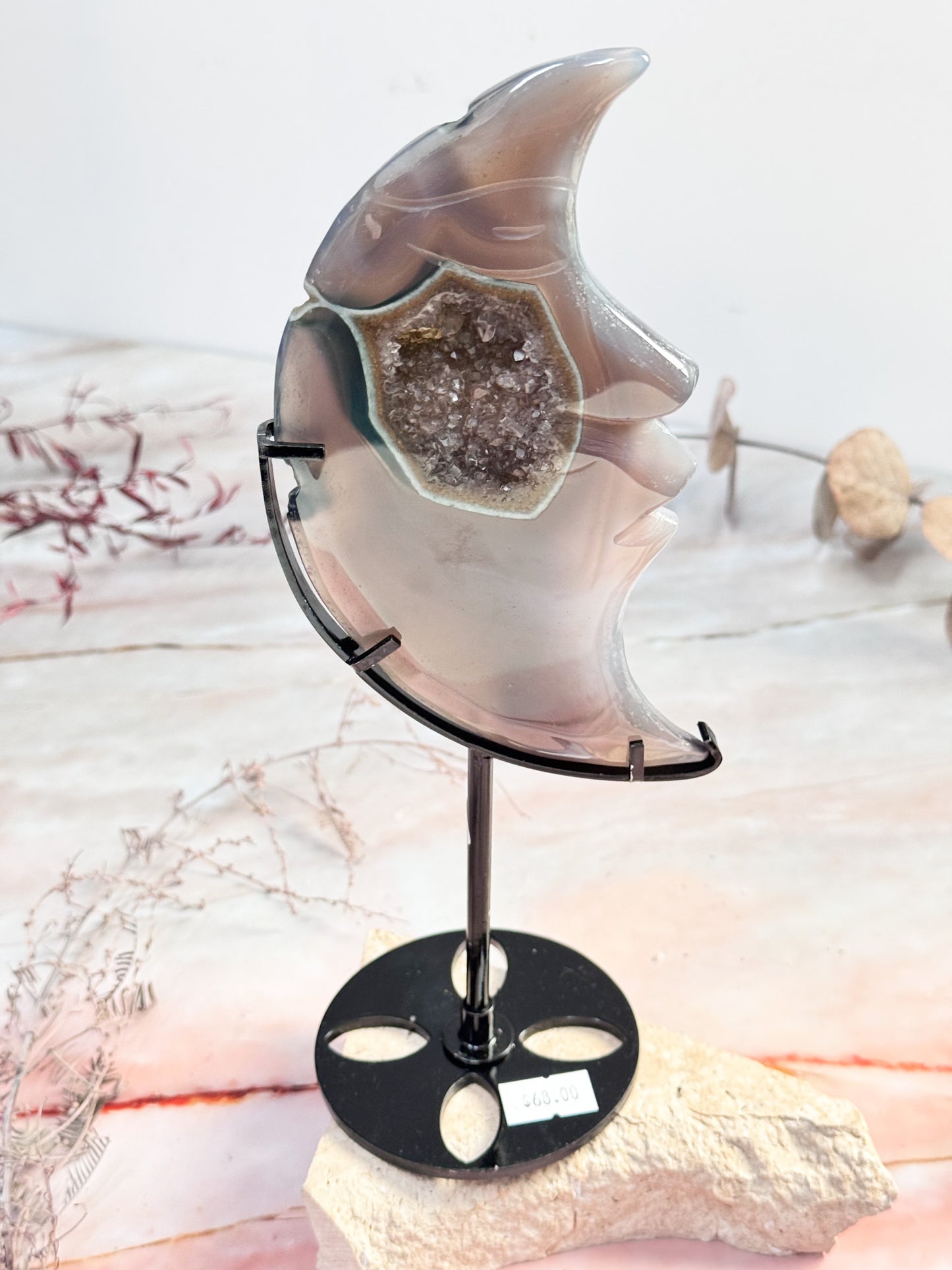 Agate and Quartz Moon Carving