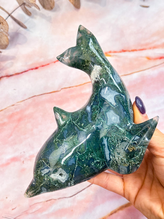 Moss Agate Dolphin Carving