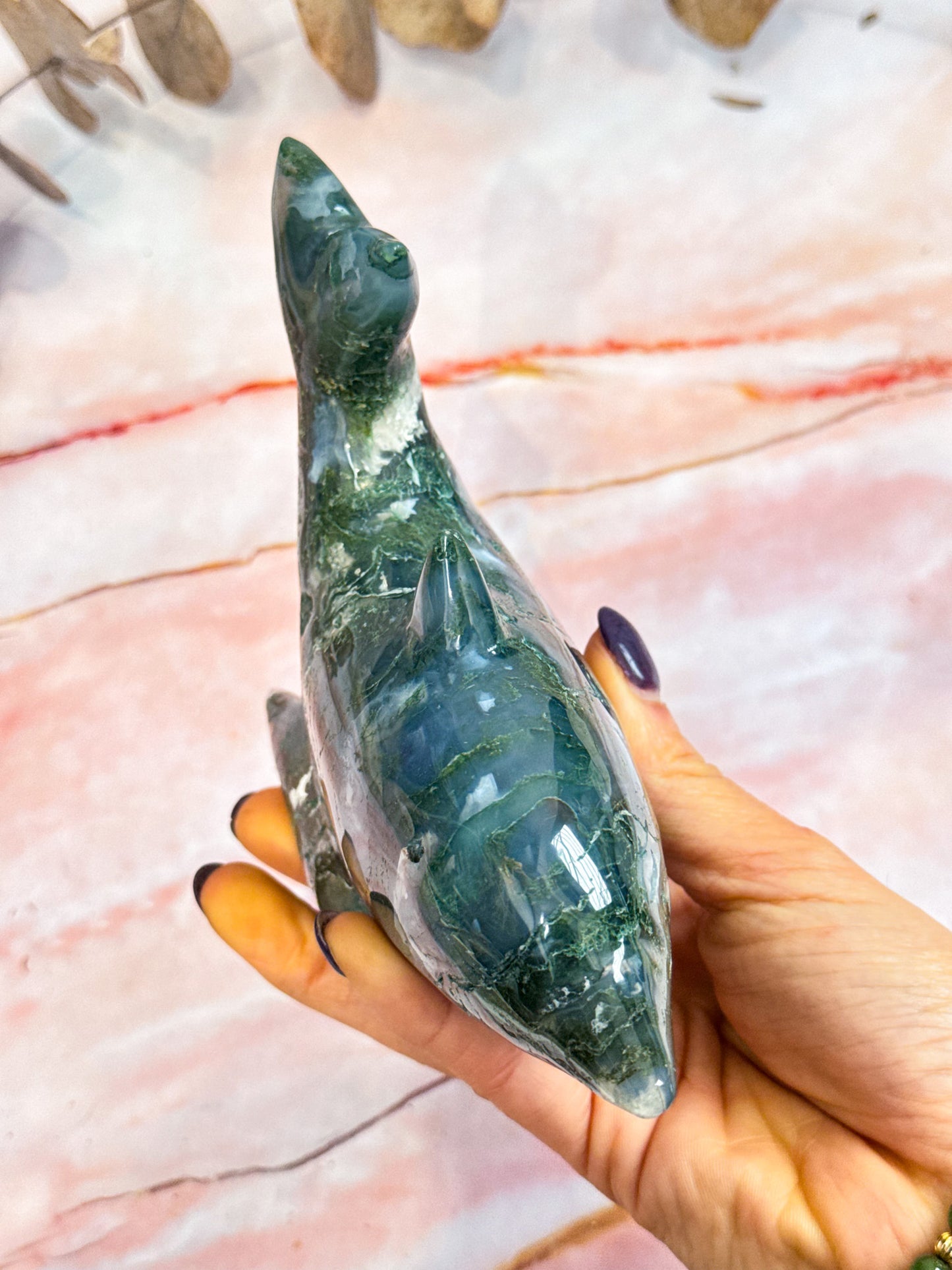 Moss Agate Dolphin Carving