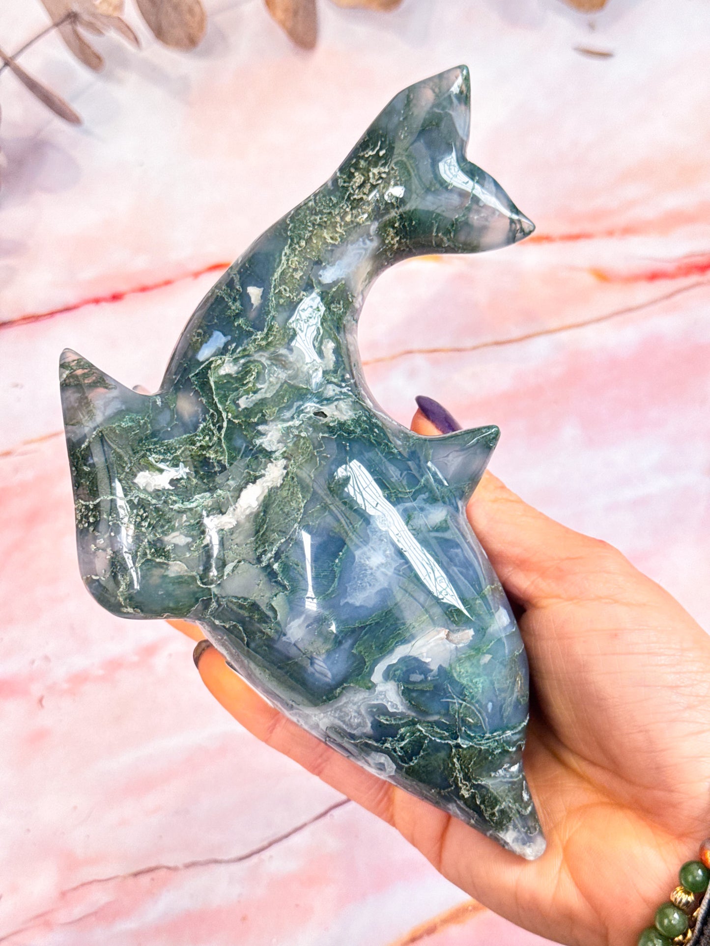 Moss Agate Dolphin Carving