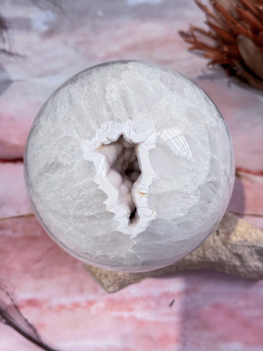White Quartz and Agate Geode Sphere