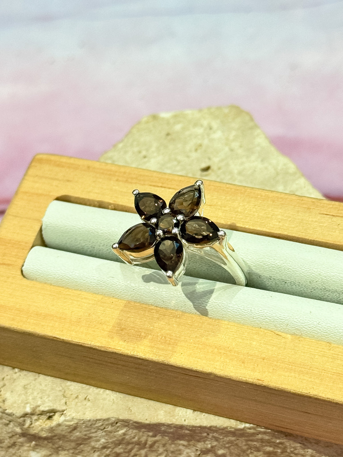 Smokey Quartz Flower Ring - Size 10