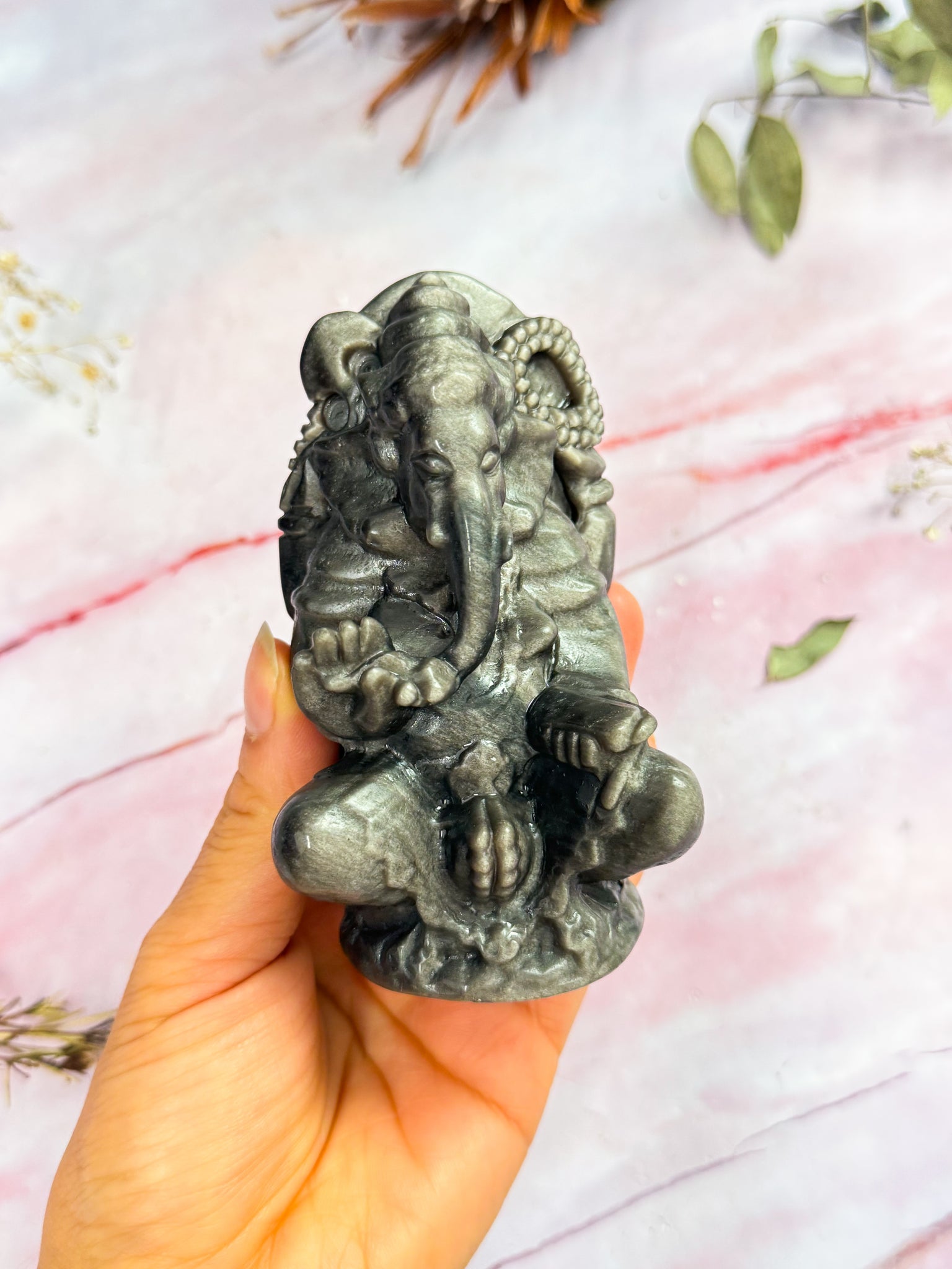 Silver Sheen Obsidian Ganesha Carving