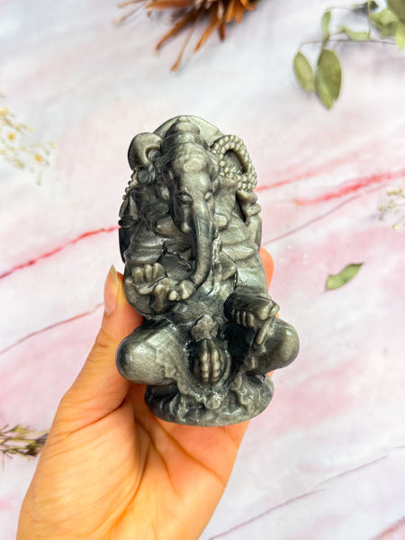 Silver Sheen Obsidian Ganesha Carving