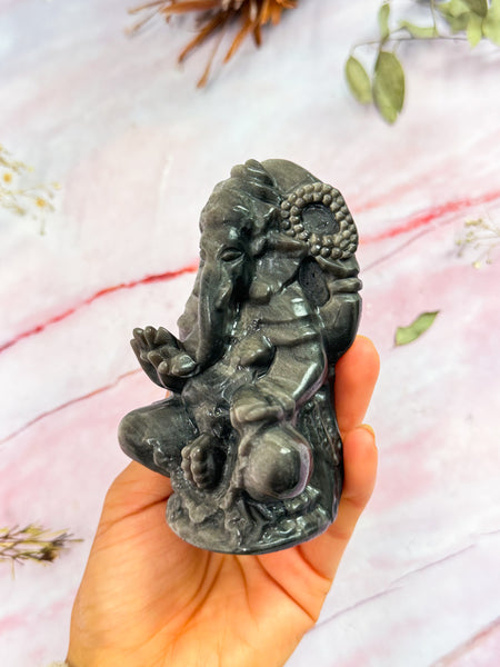 Silver Sheen Obsidian Ganesha Carving