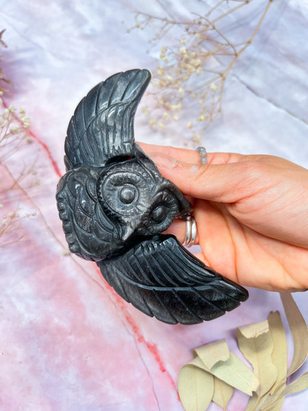 Silver Sheen Obsidian Owl Carvings