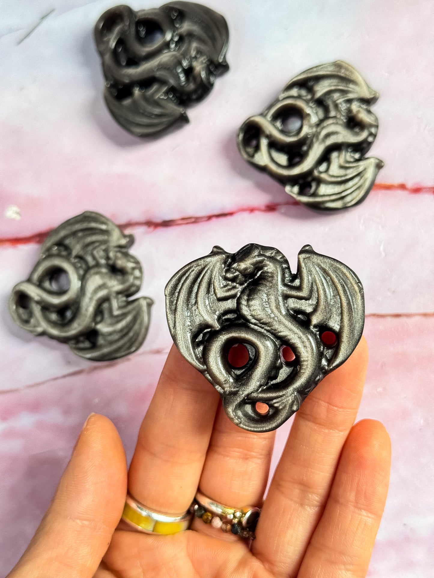 Silver Sheen Obsidian Dragons