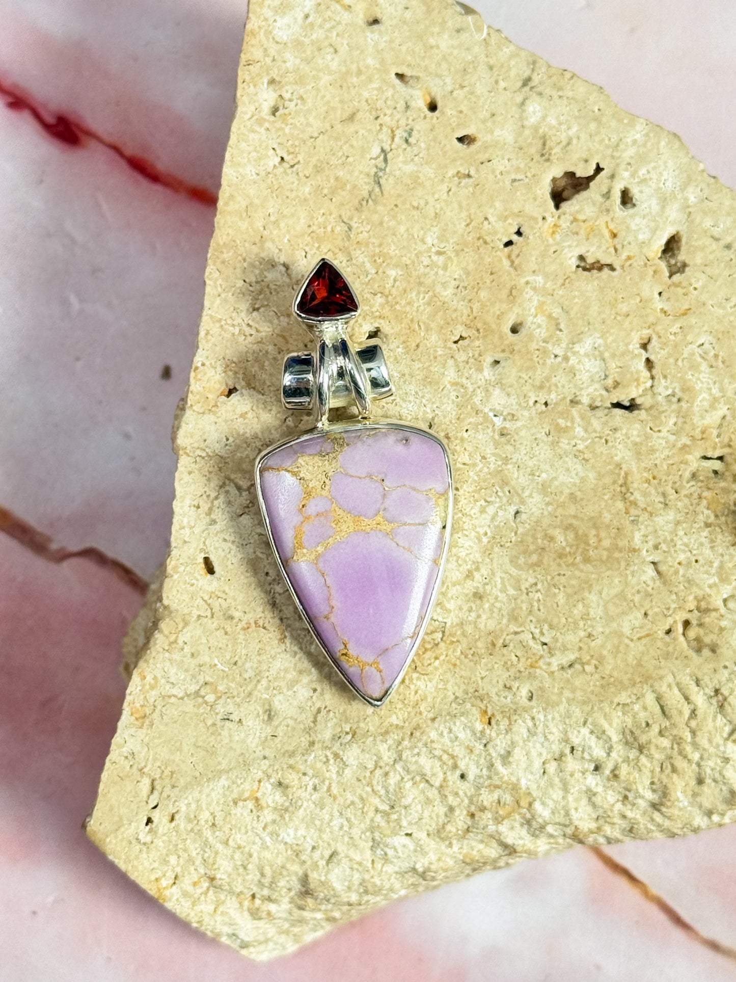 Phosphosiderite Pendants with Faceted Garnet