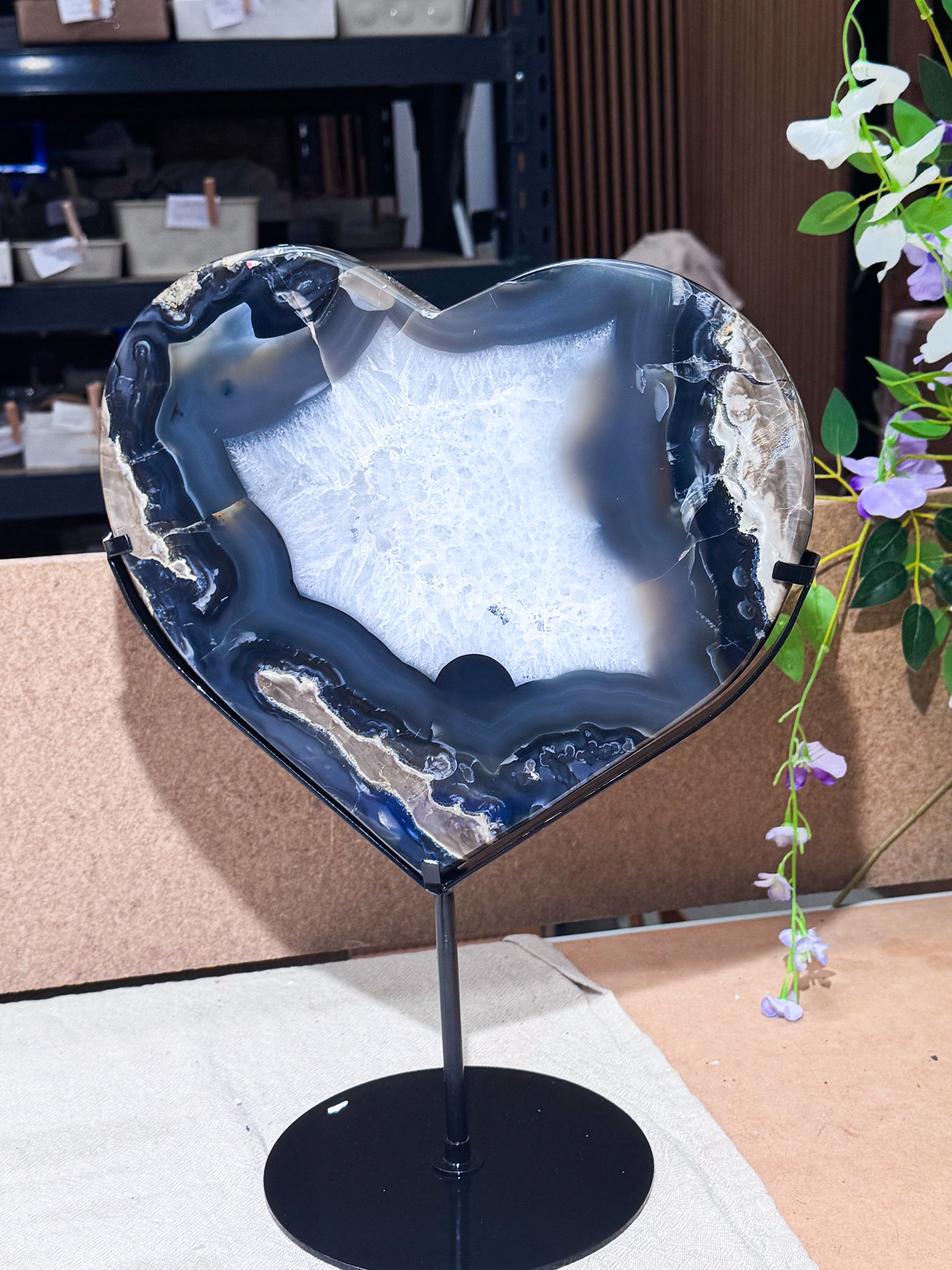 UV Reactive Volcanic Agate Heart on Stand