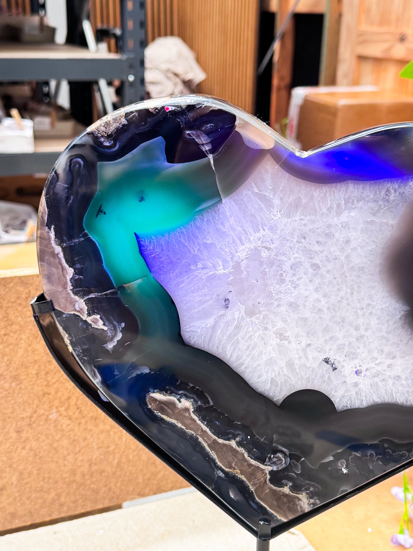 UV Reactive Volcanic Agate Heart on Stand