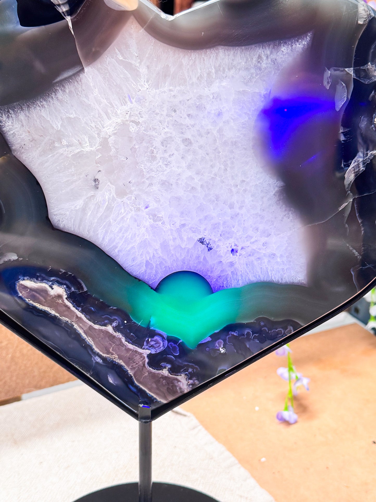 UV Reactive Volcanic Agate Heart on Stand